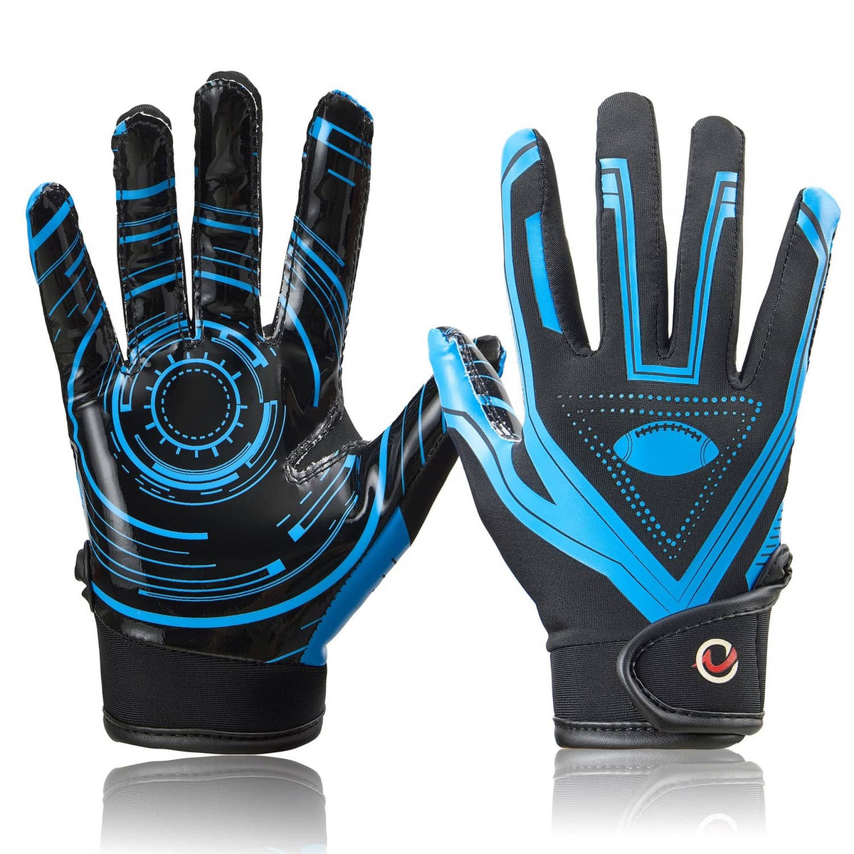Youth receiver gloves in black with blue accents, showing both palms and finger grips