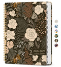 Floral academic planner cover with dark botanical roses and ferns; twin-wire spiral binding