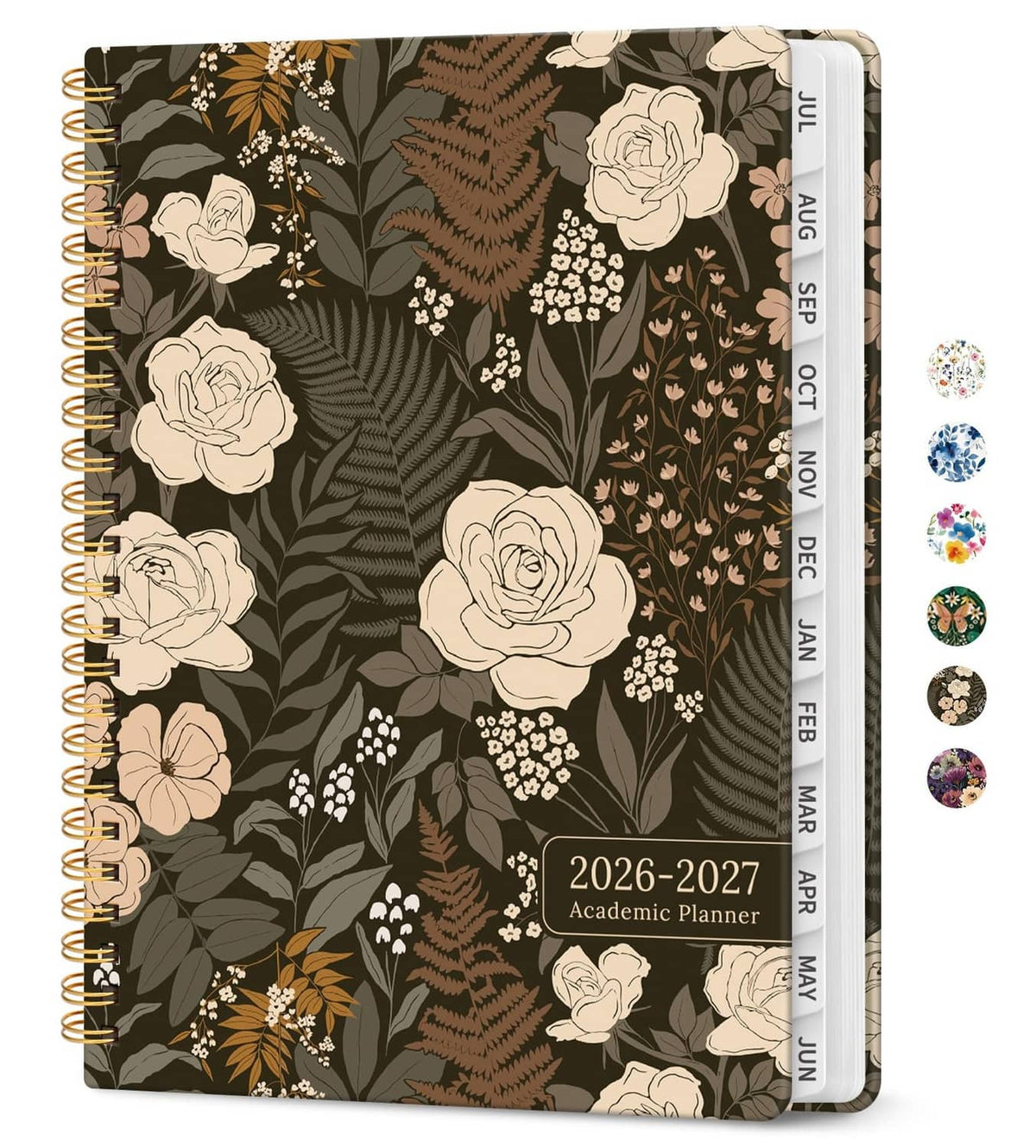 Floral academic planner cover with dark botanical roses and ferns; twin-wire spiral binding