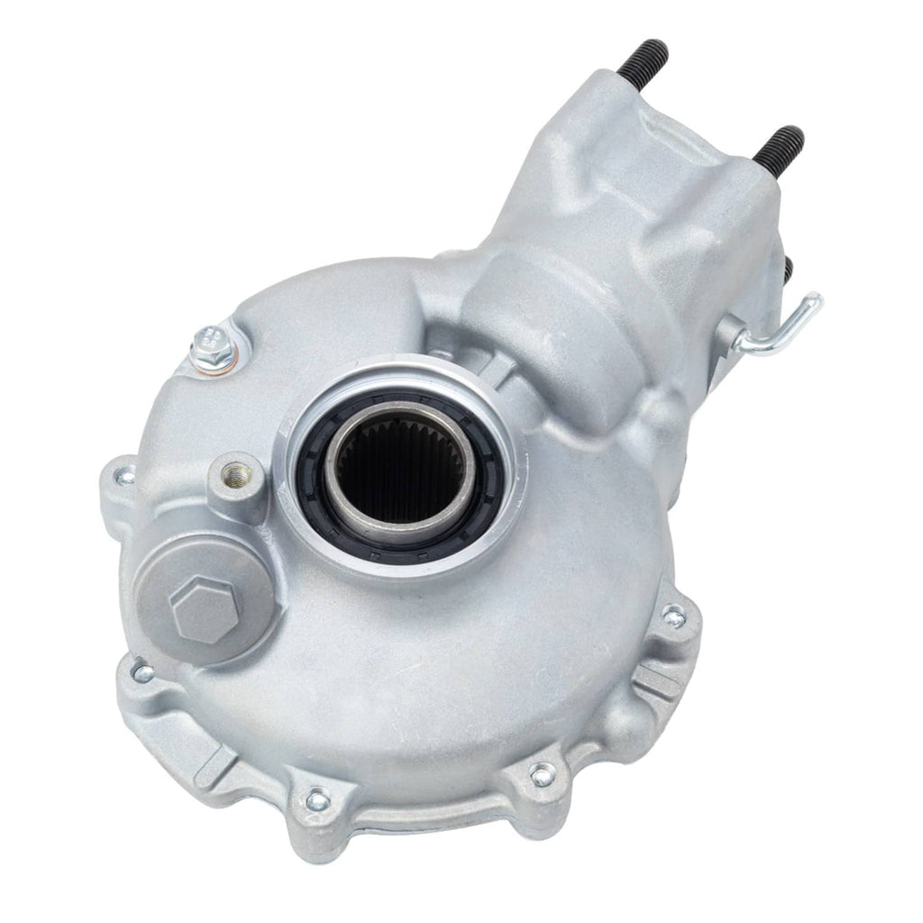 Rear differential wheel hub assembly, silver metal housing with axle studs and bracket