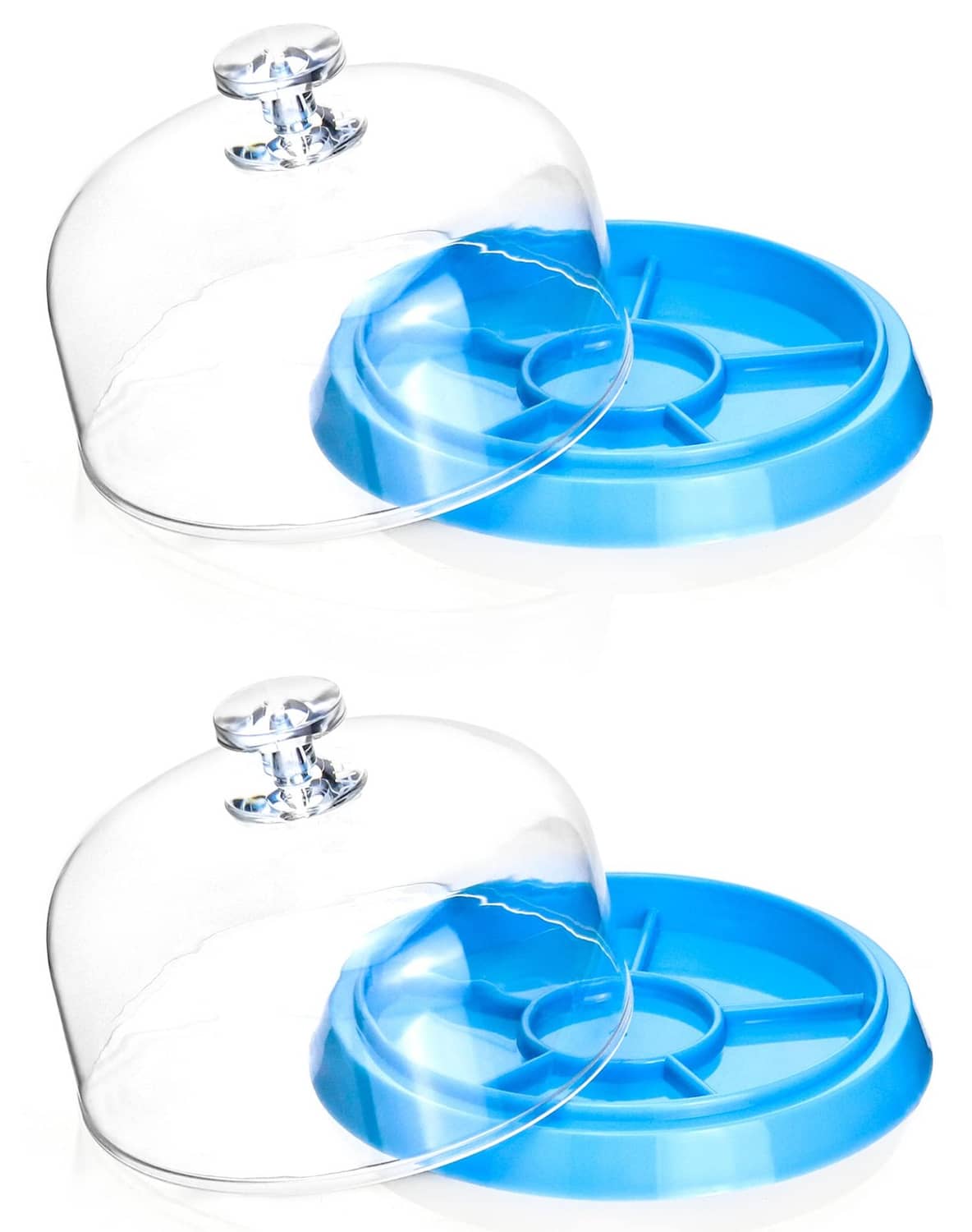 Two clear watch movement dust covers with blue anti-dust trays and central posts