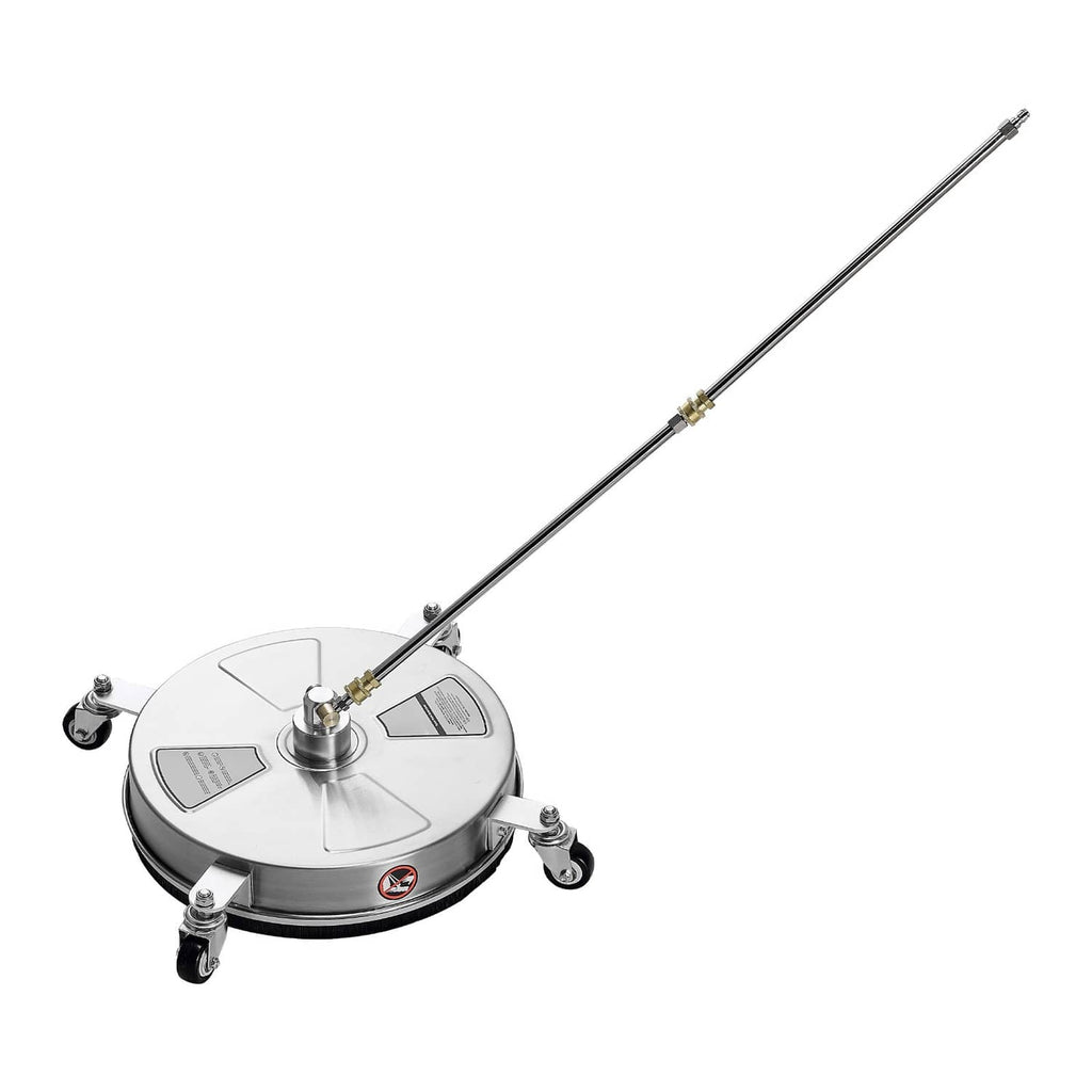 Stainless steel pressure washer surface cleaner with long wand and rotating base on wheels