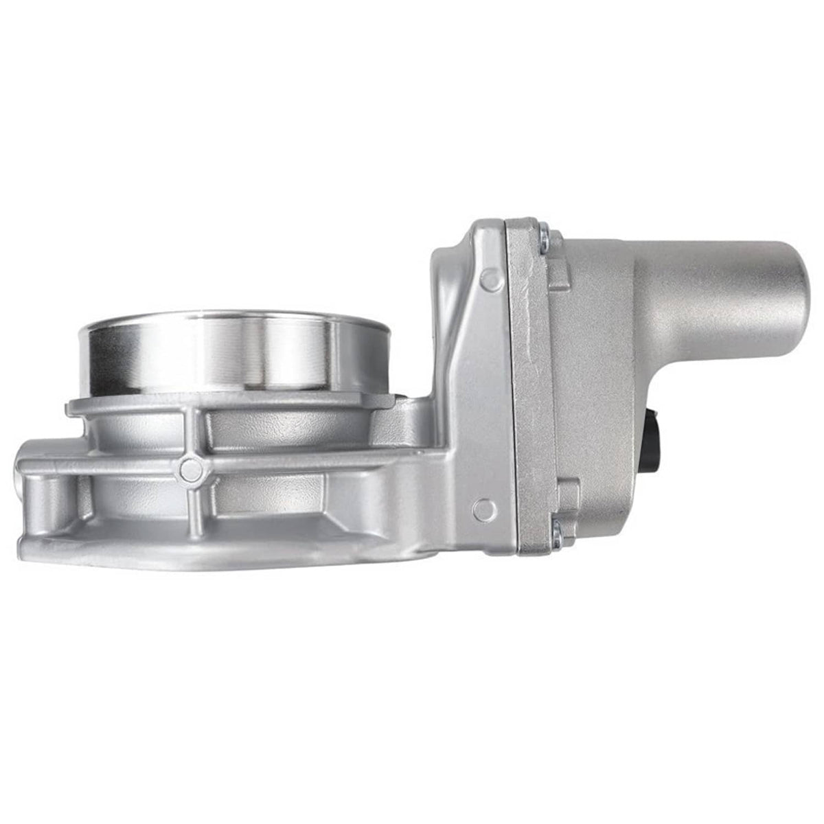 Throttle body side view with silver cast housing and outlet tube