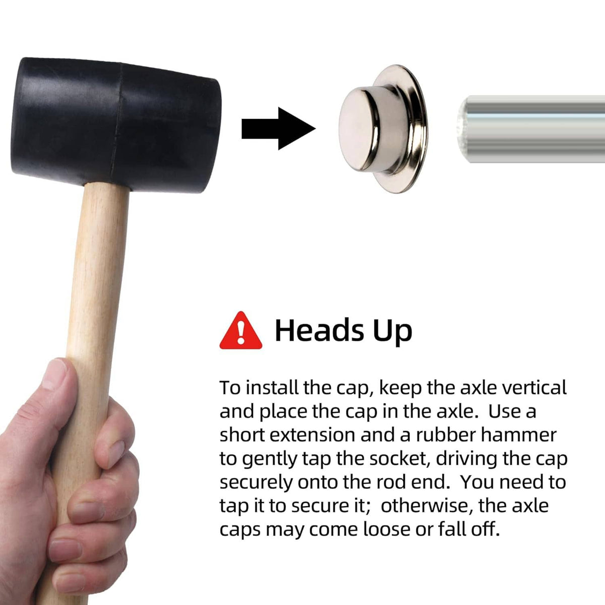 Push-on axle cap installation shown on an axle end with hammer-tap guidance