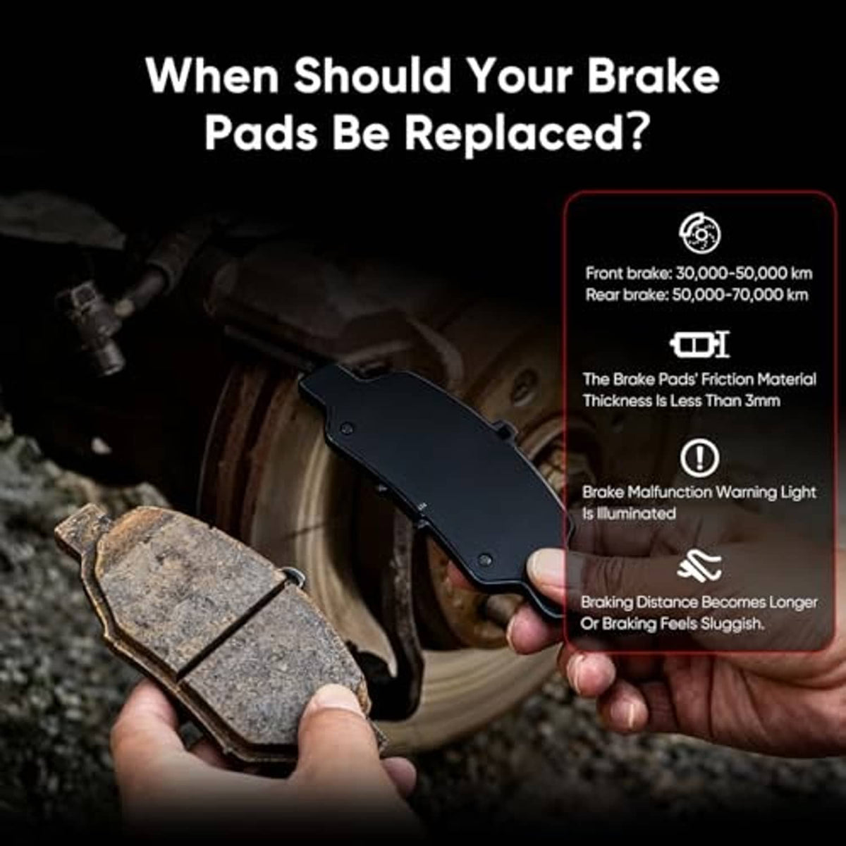 Brake pads held in hands near a brake rotor, replacement guidance graphic