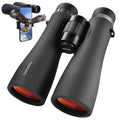Dark gray waterproof binoculars with focus wheel and wide eyepieces, travel-ready