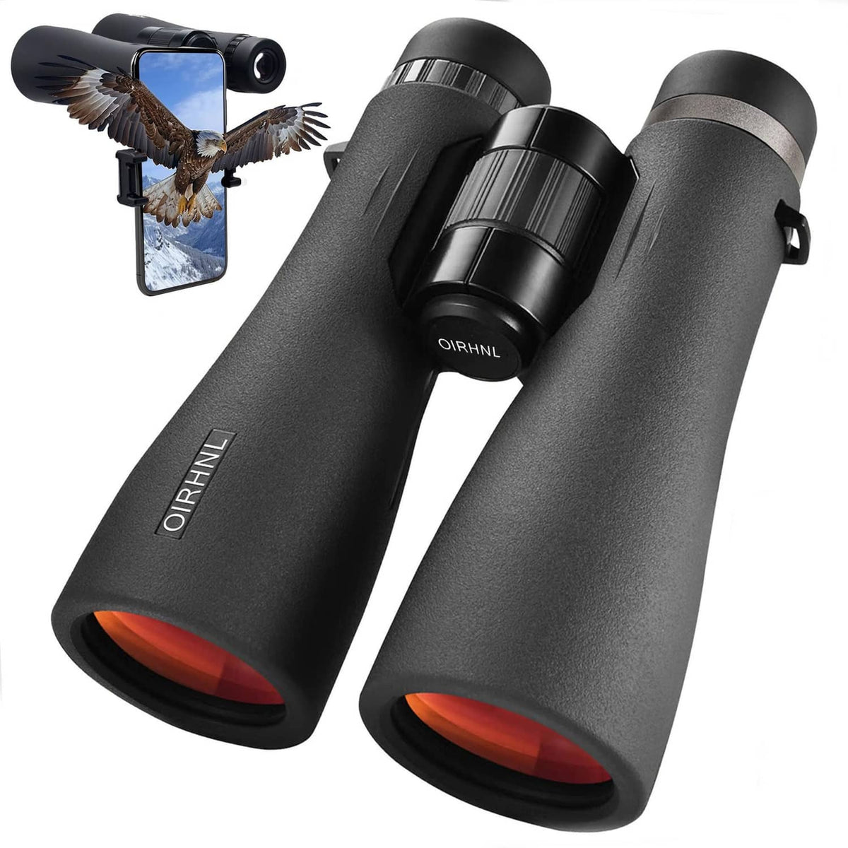 Dark gray waterproof binoculars with focus wheel and wide eyepieces, travel-ready