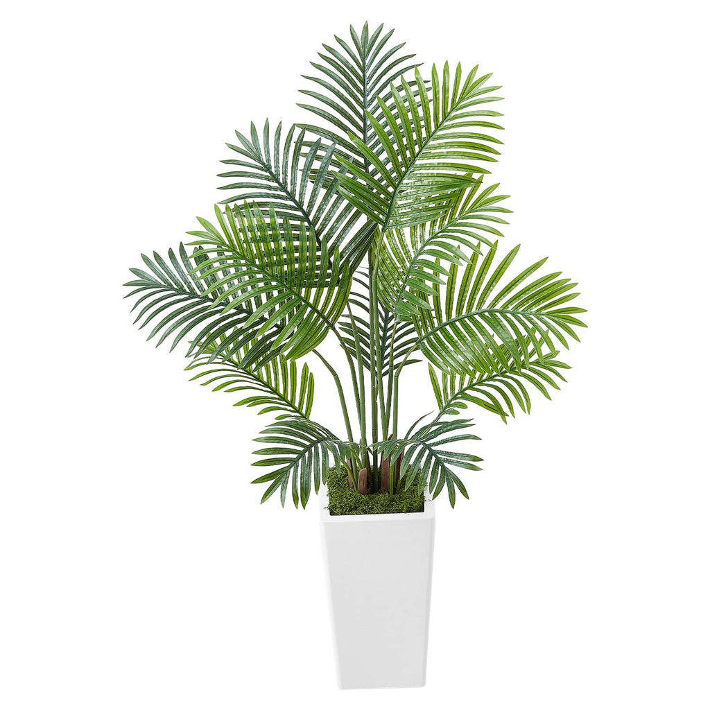 Artificial areca palm tree in white square pot with lush green fronds