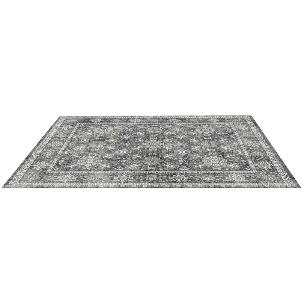 Rectangular gray vintage area rug with ornate border and distressed medallion motif