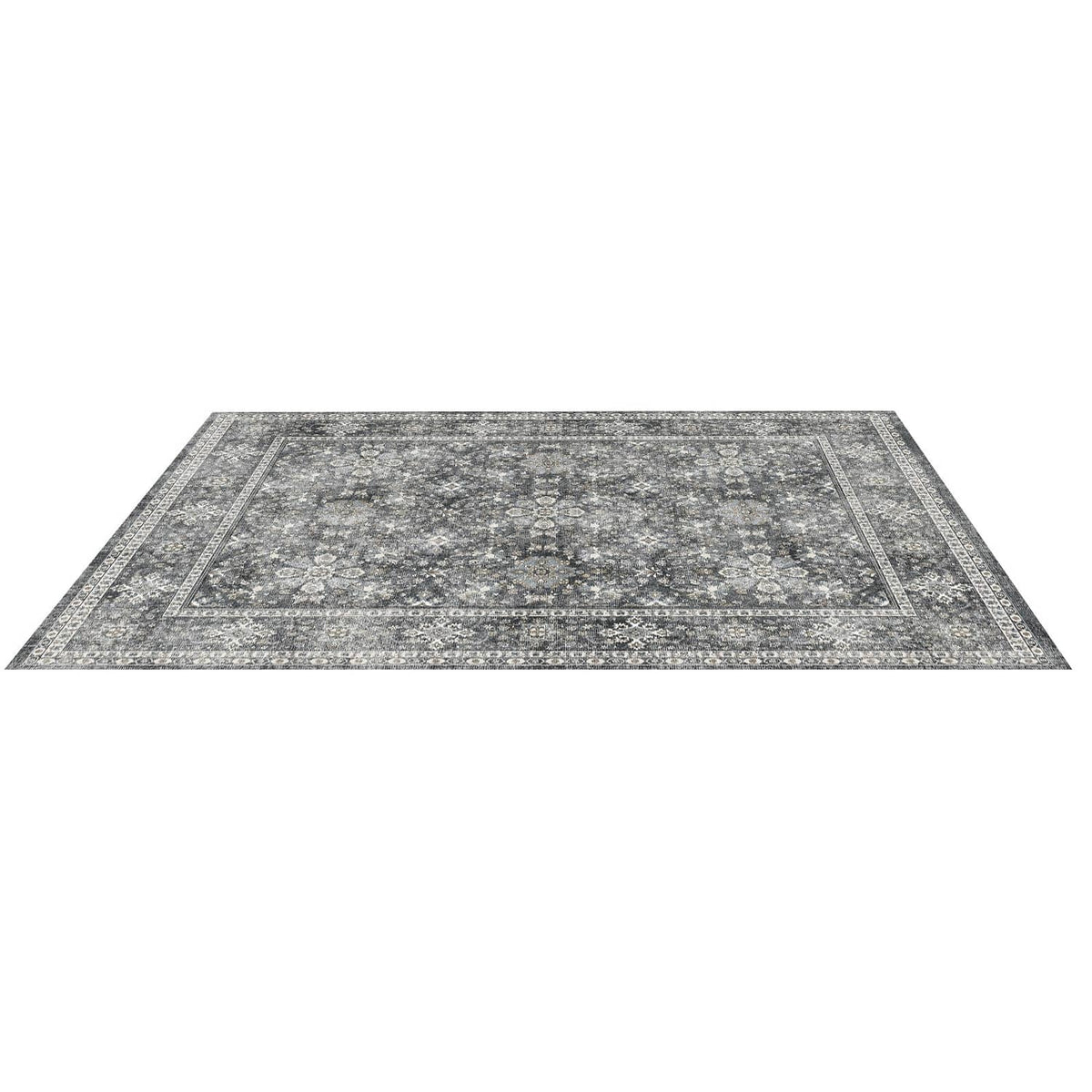 Rectangular gray vintage area rug with ornate border and distressed medallion motif