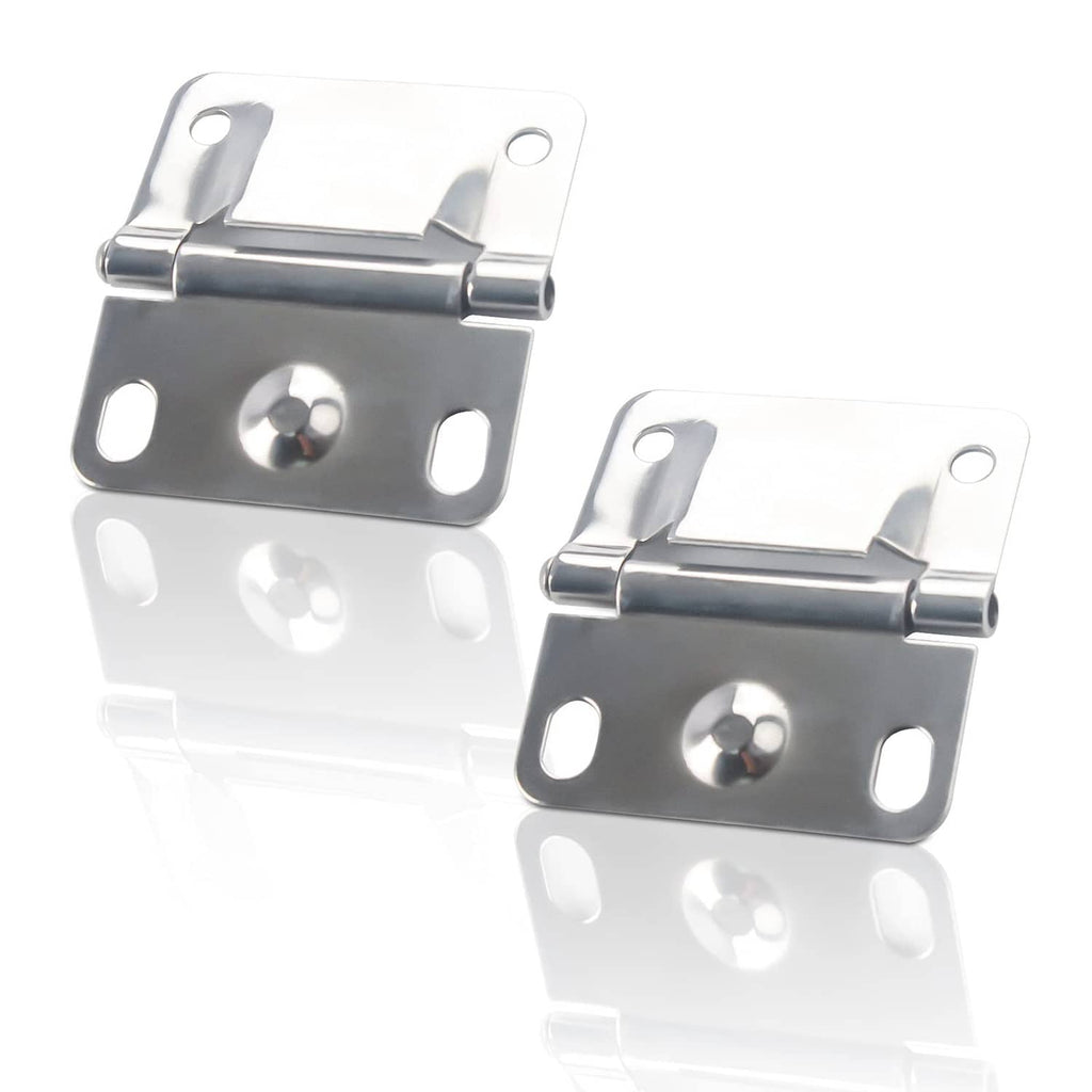 Stainless steel cooler hinges with screws, two-piece close-up on white background.