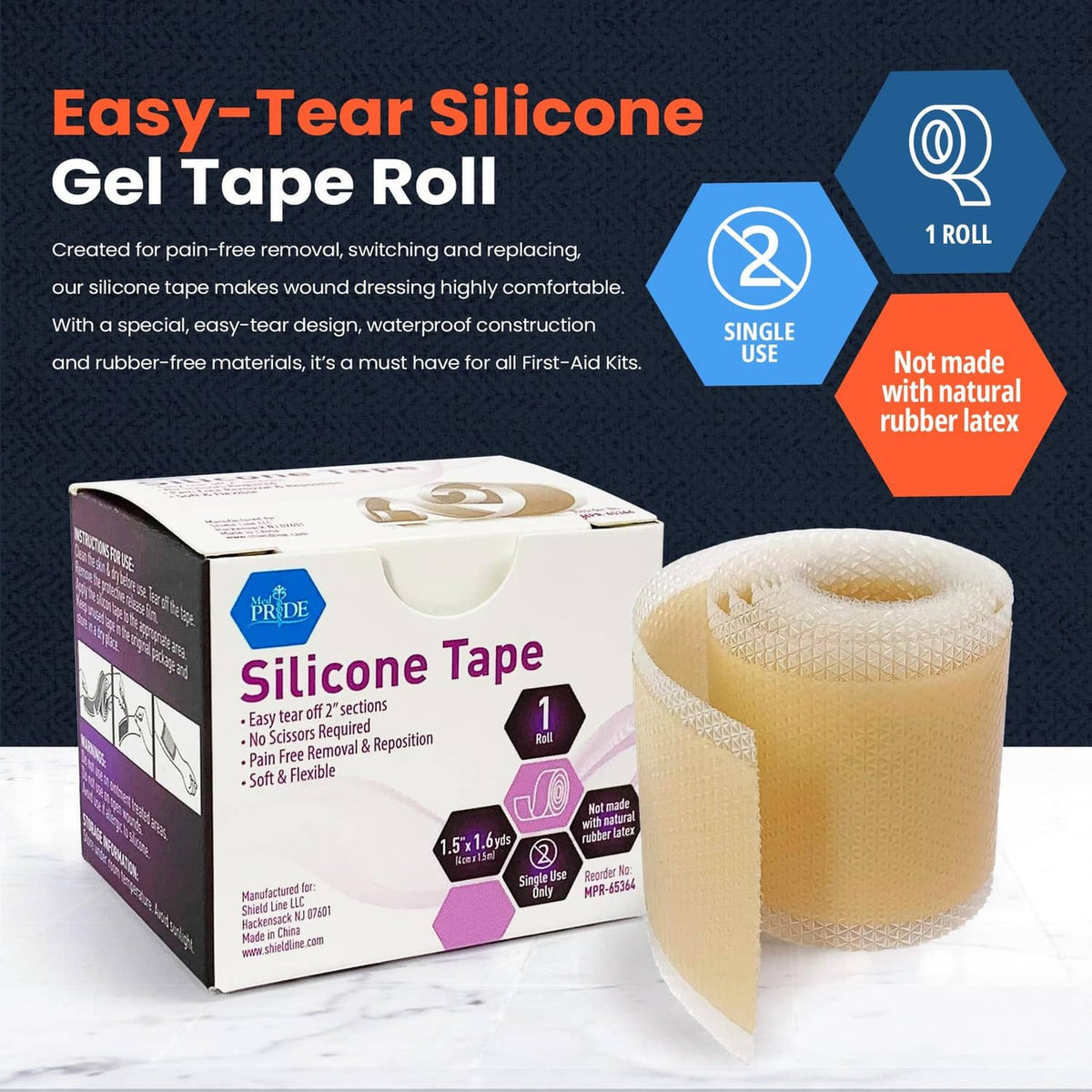 Beige silicone wound tape roll with product box, single roll package view