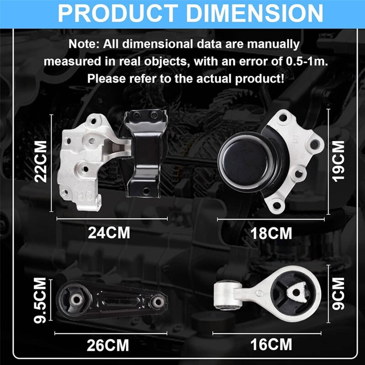Engine mount set dimensions diagram showing bracket measurements in centimeters