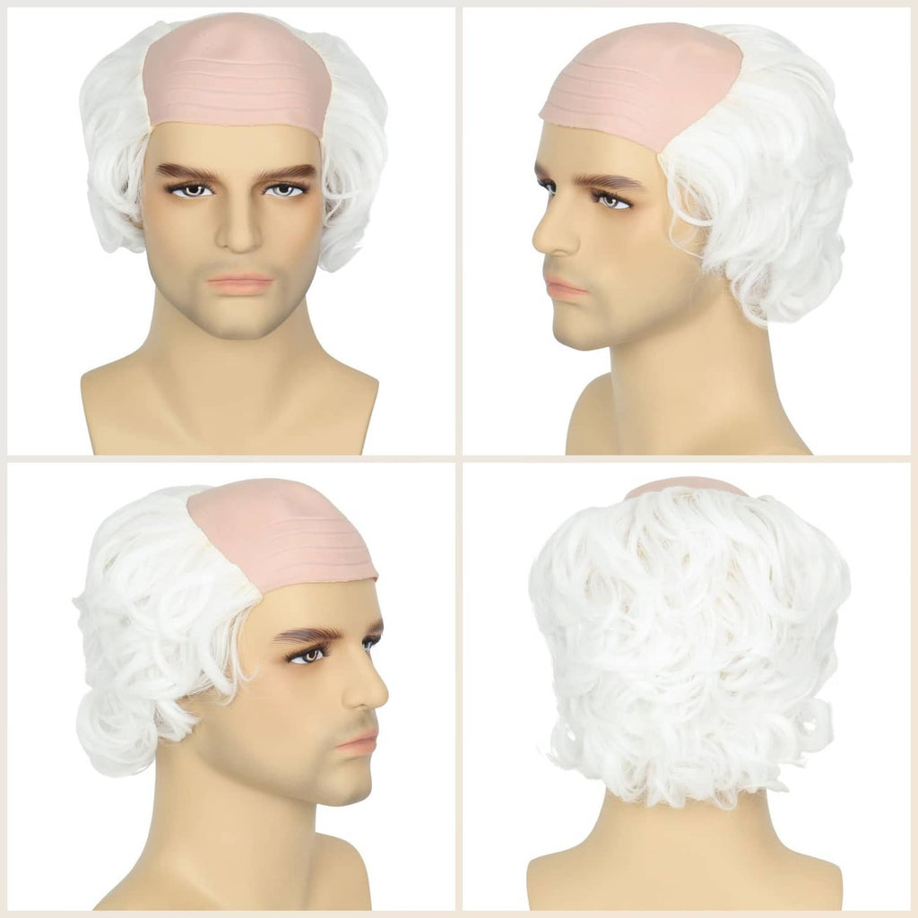 White curly wig with light flesh-toned bald cap, shown front and side views