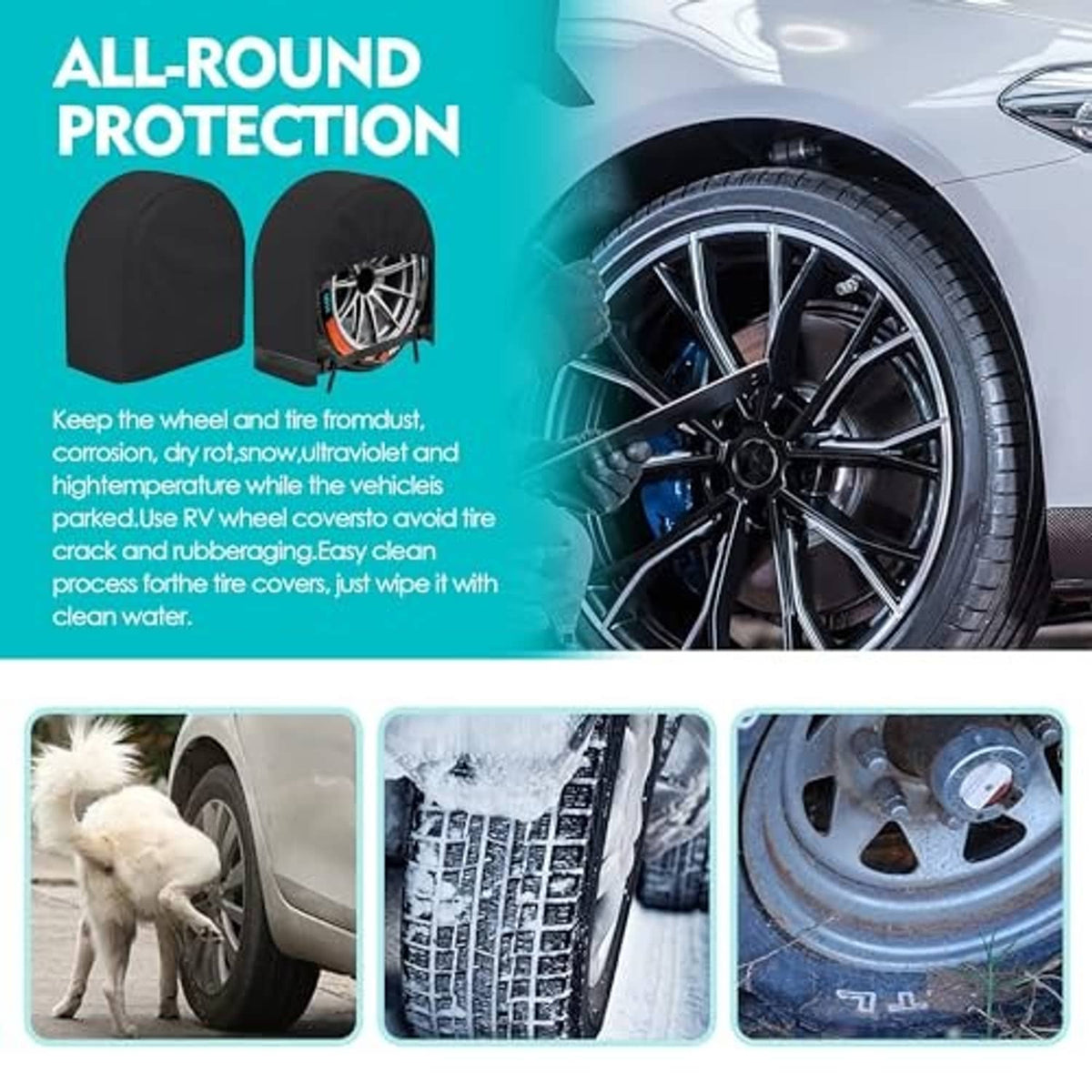 Black RV tire cover over a wheel with all-around protection layout and inset care photos