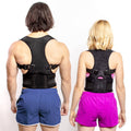 Black posture corrector back brace with padded panel and adjustable shoulder straps.