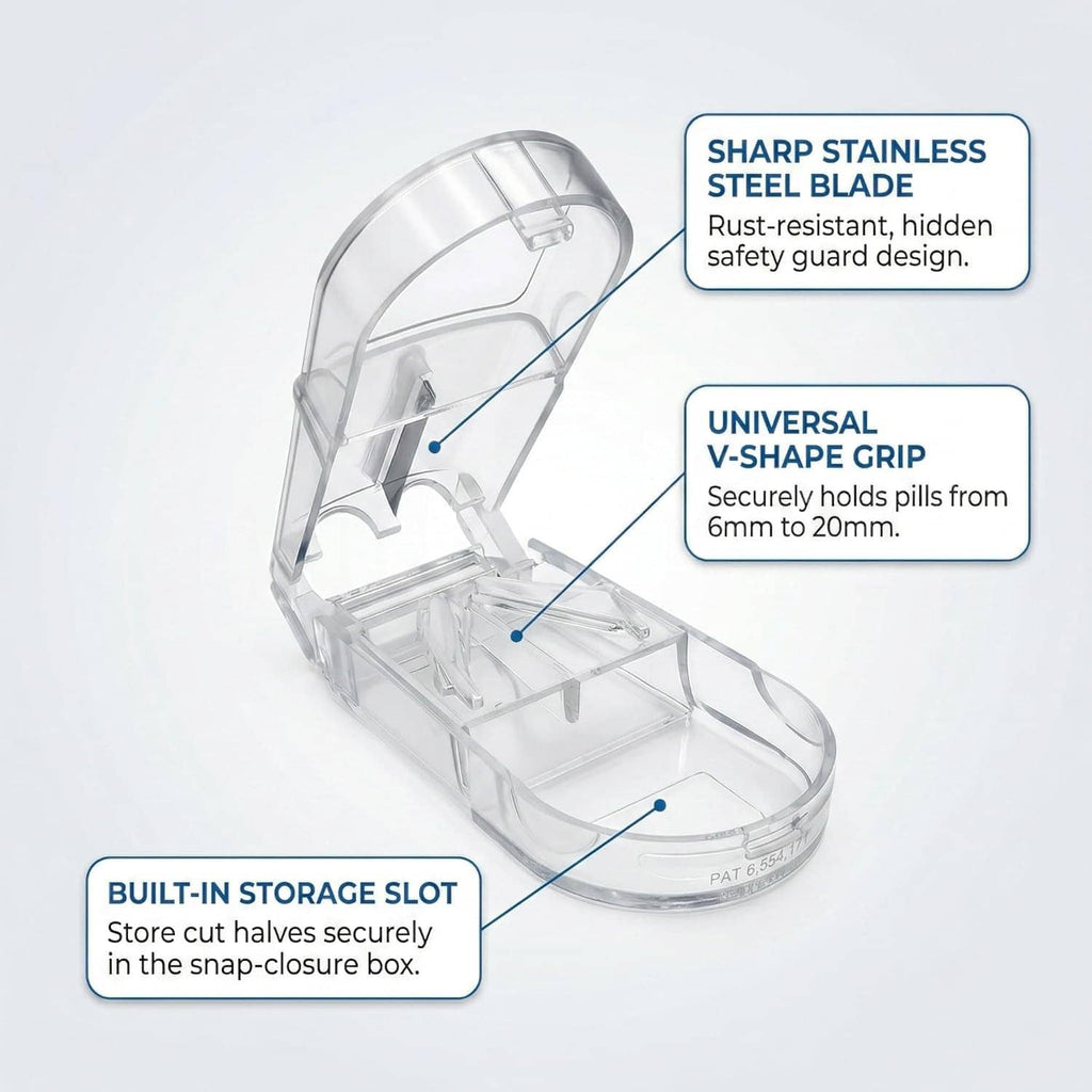 Clear pill cutter inside storage box with V-shaped grip and steel blade