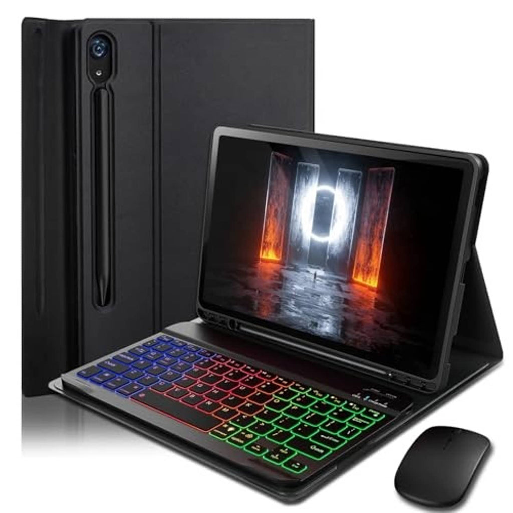 Black keyboard tablet case with folding stand, colorful backlit keys, and wireless mouse