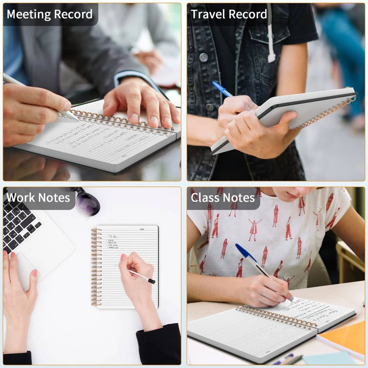 Spiral notebook used for writing with lined pages, hands holding a pen