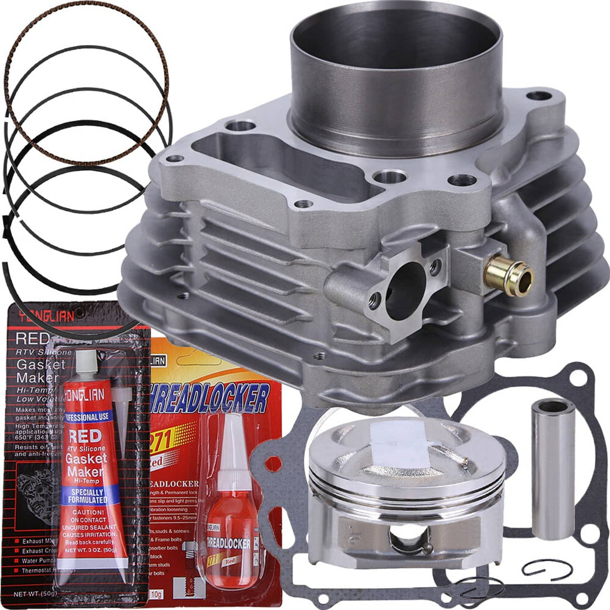 Top end rebuild kit with finned cylinder, piston, gasket set, and included ring sets