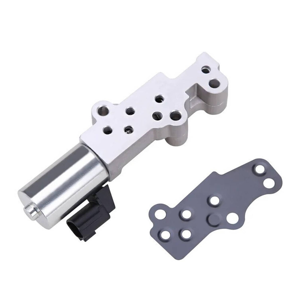 Silver variable timing solenoid with black mounting plate and multiple bolt holes