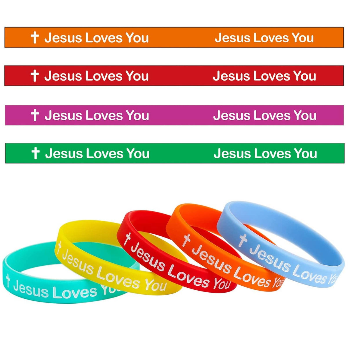 Colorful silicone wristbands in bright bands with “Jesus Loves You” and cross icons