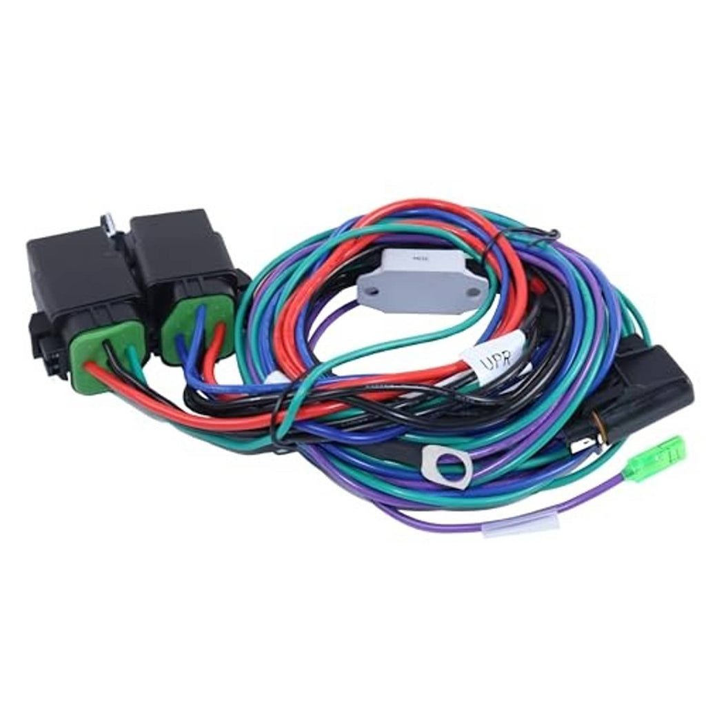 Wiring cable harness kit with multicolor wires, black housings, green connector clips, circular white module