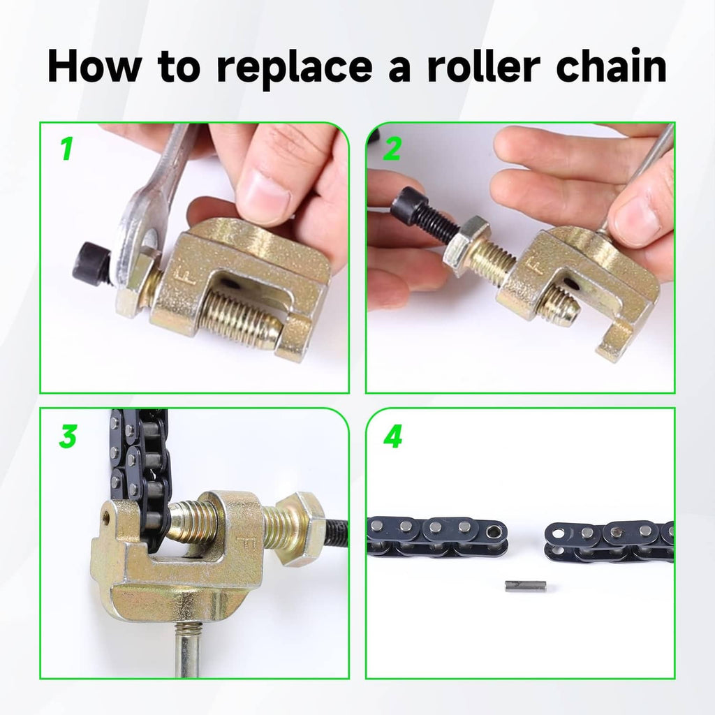Chain breaker tool pressing a roller chain pin for link replacement
