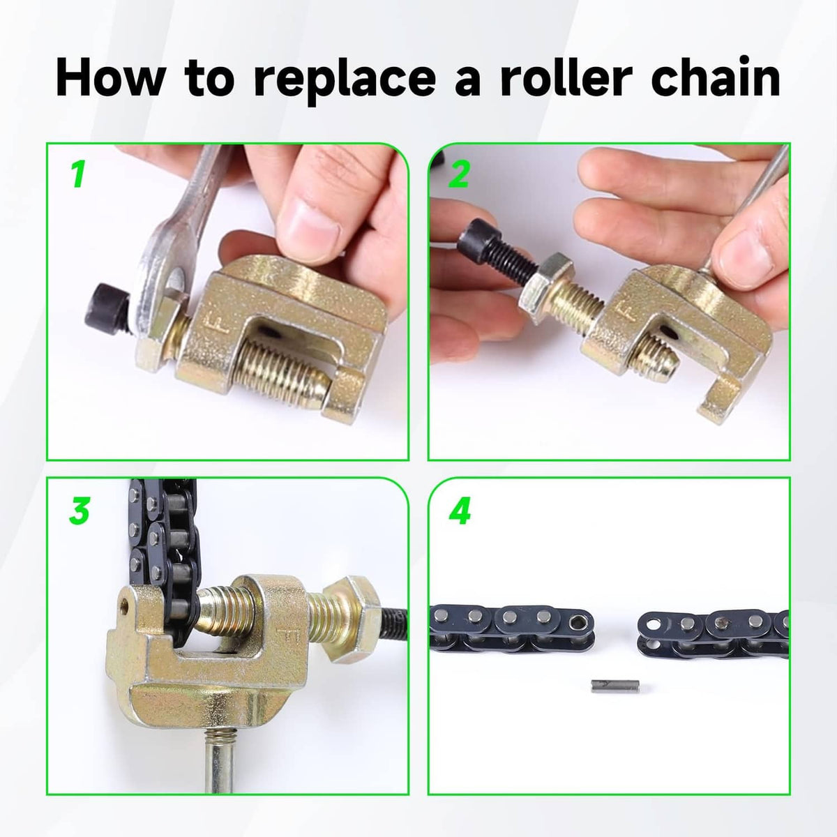 Chain breaker tool pressing a roller chain pin for link replacement