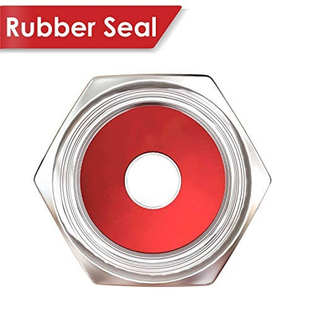 Silver hex tire valve cap with layered metal sides and red rubber seal.
