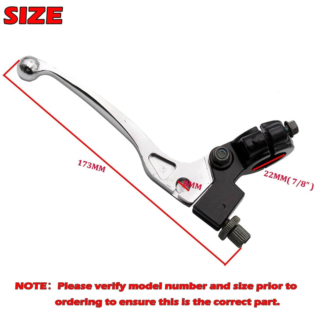 Silver 7/8 in left folding brake lever; black clamp; length and width shown