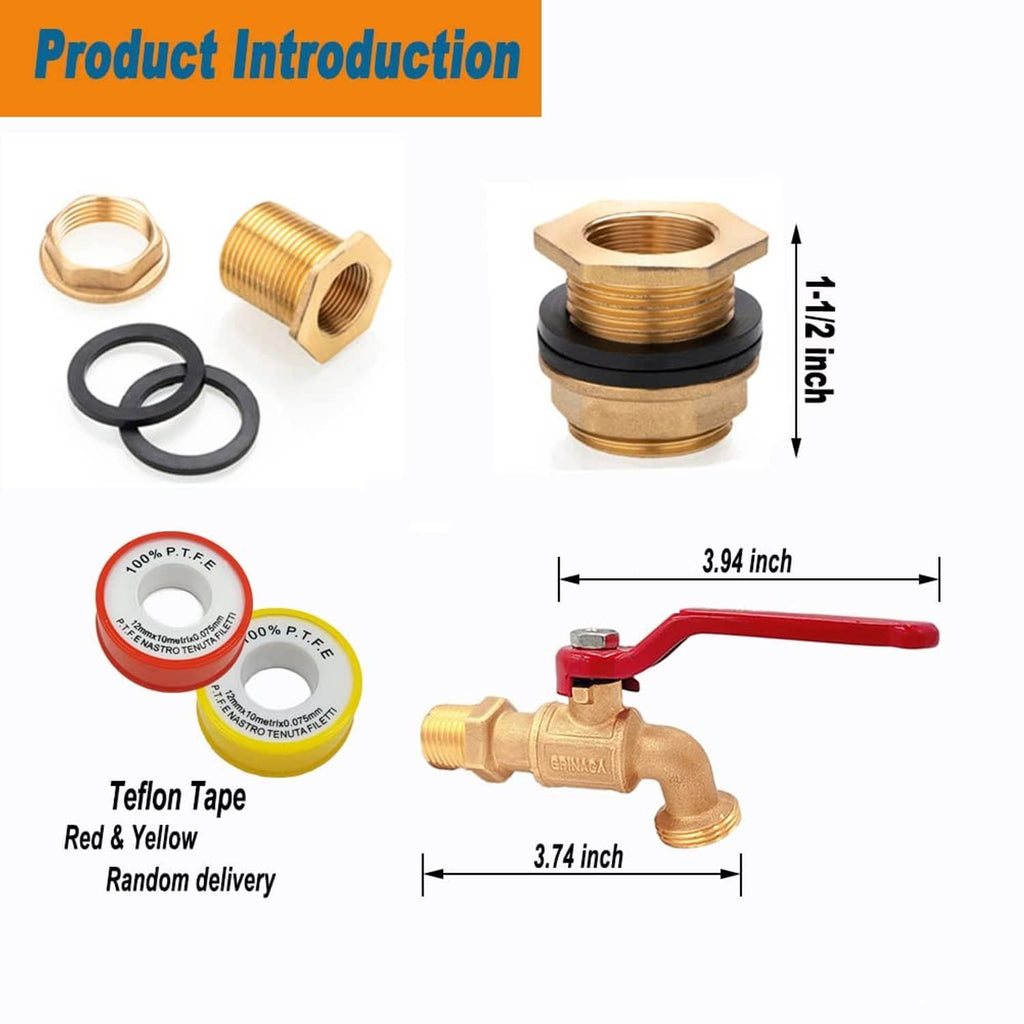 Brass spigot fittings set with black O-rings, adapter coupling, and Teflon tape roll