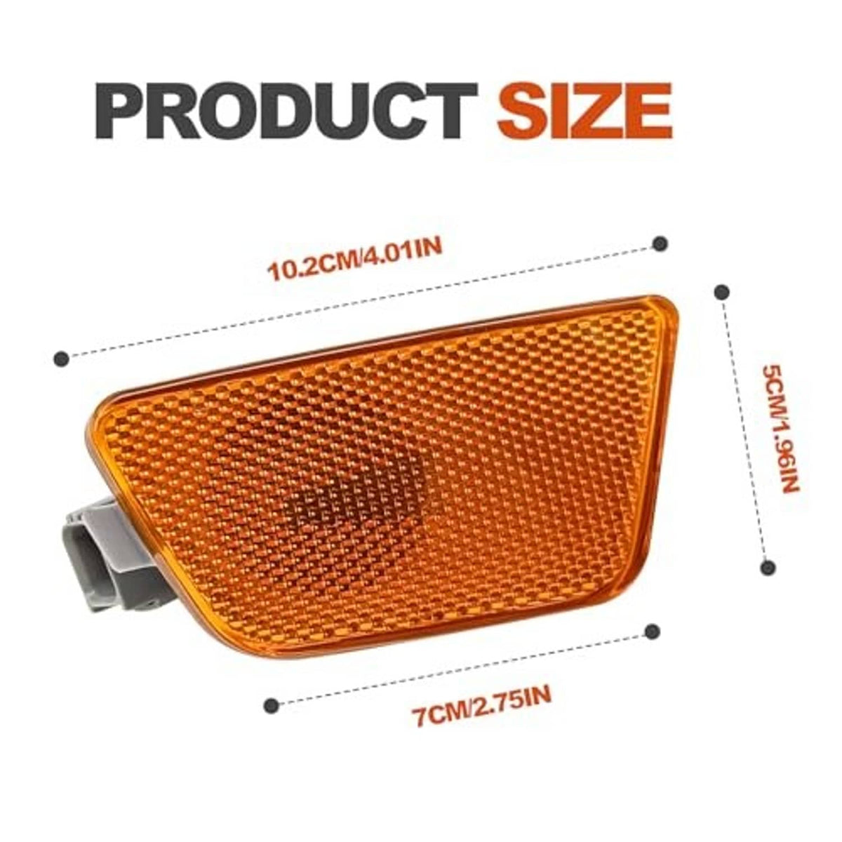 Amber front bumper marker light with dimensions, textured lens and gray mounting tabs