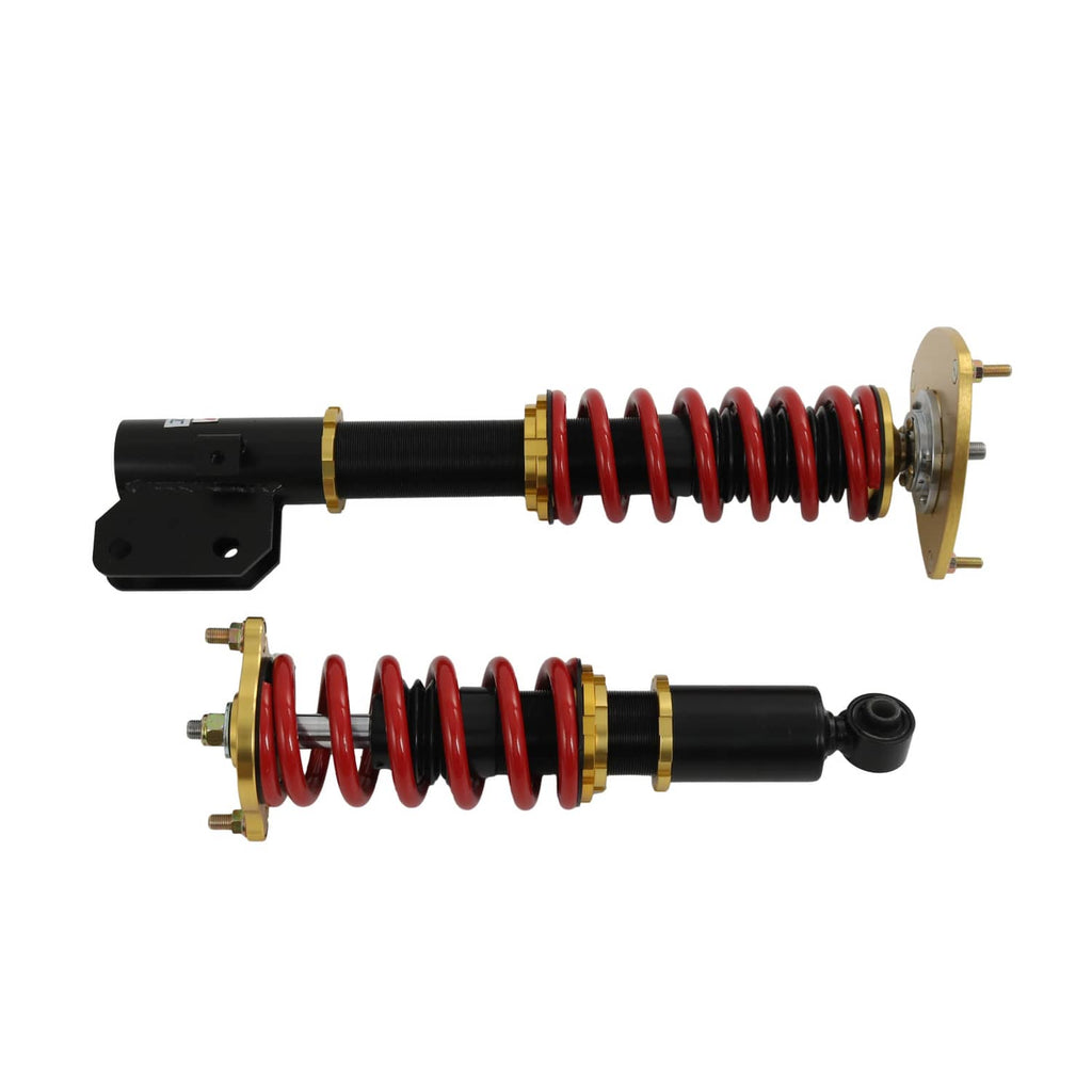 Pair of coilover struts with red coil springs, black bodies, gold upper mounts