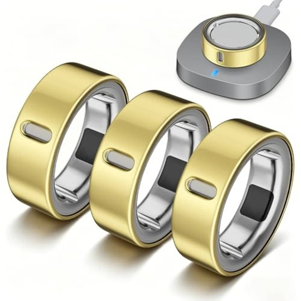 Three gold smart ring covers showing open sensor windows and side button cutouts