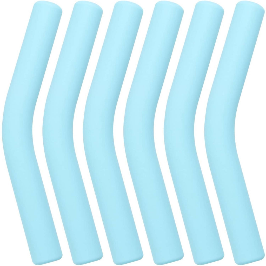 Light blue silicone straw elbow tips, curved design, 6-pack
