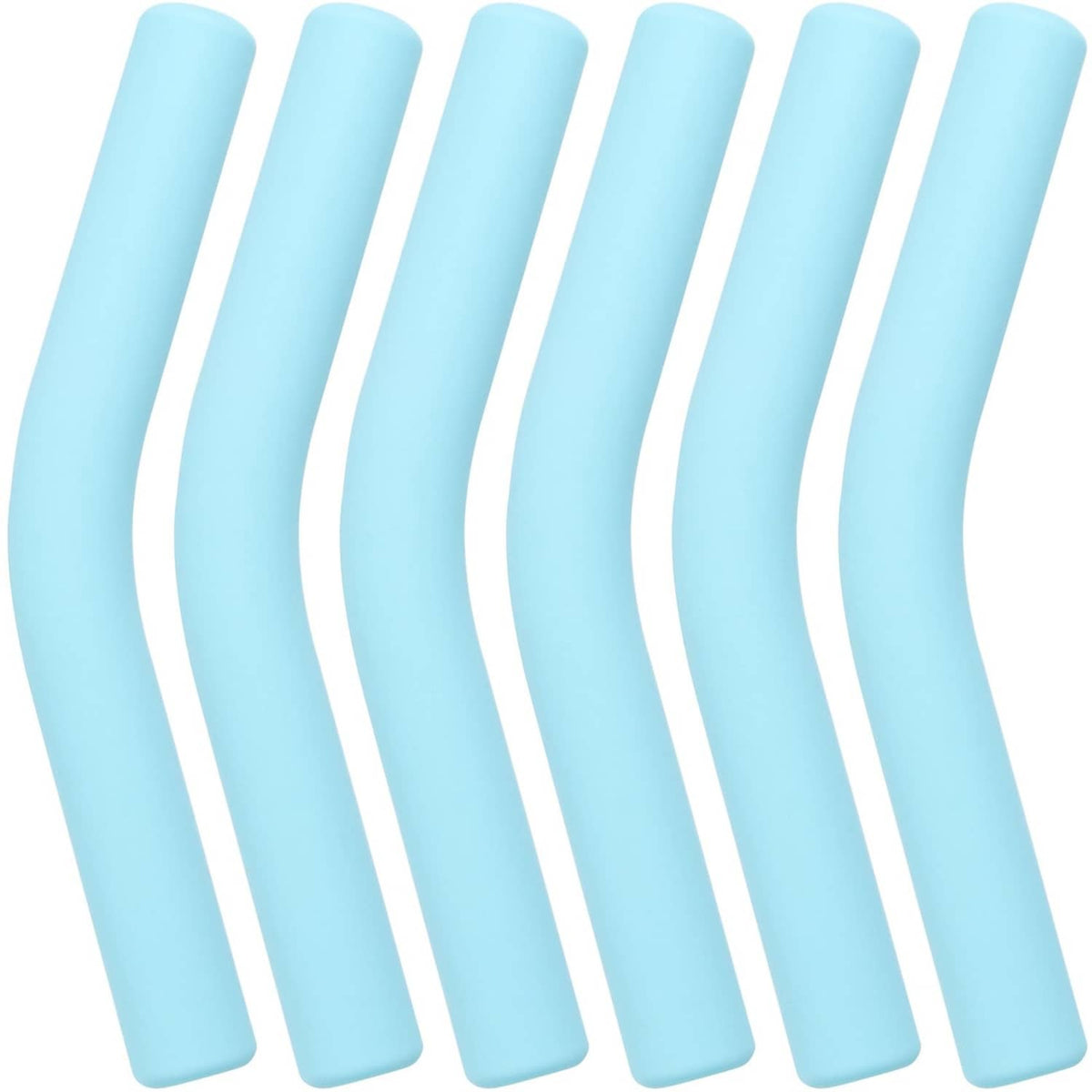 Light blue silicone straw elbow tips, curved design, 6-pack