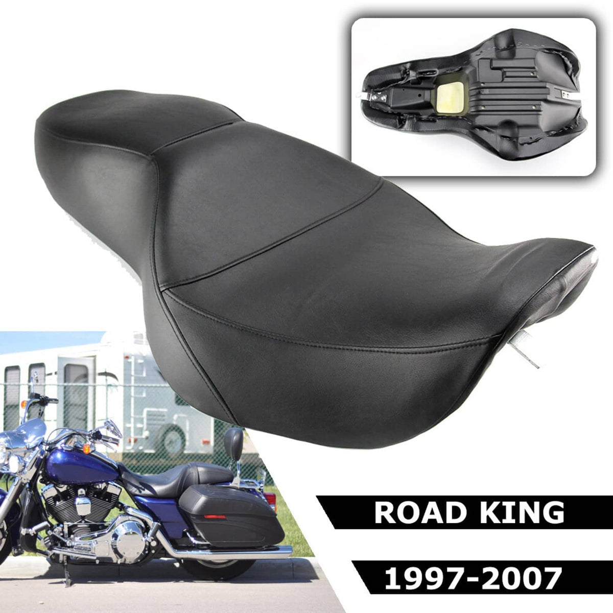 Black two-up motorcycle seat with curved driver backrest and padded passenger section.
