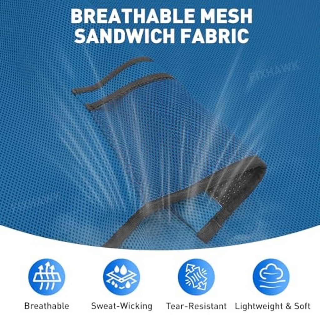 Close-up of blue mesh fabric seat blanket cover with stitched attachment straps