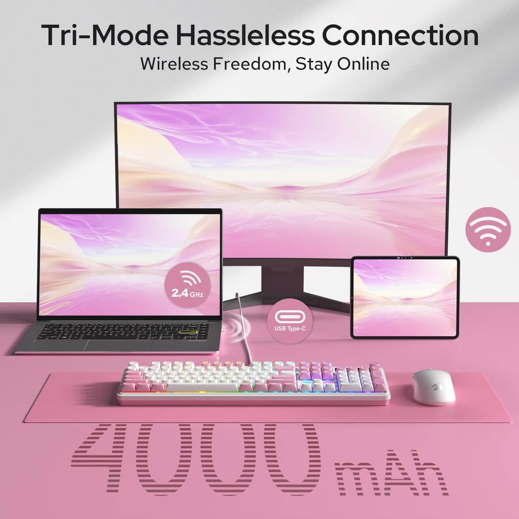 Wireless gaming keyboard with pink-and-white keycaps, multi-device wireless display icons