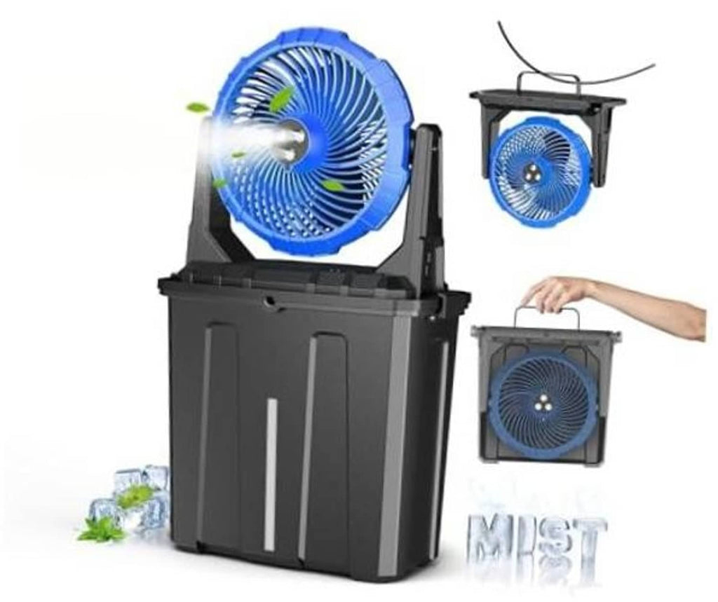 Portable blue misting fan with blue grille and black bucket base