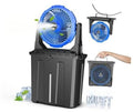 Portable blue misting fan with blue grille and black bucket base