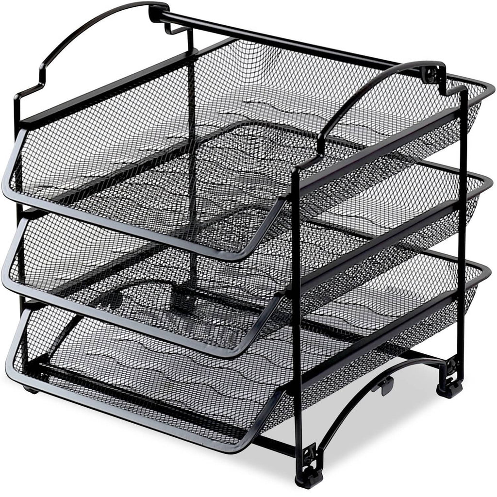 Black metal mesh 3-tier document organizer with curved side rails and open trays