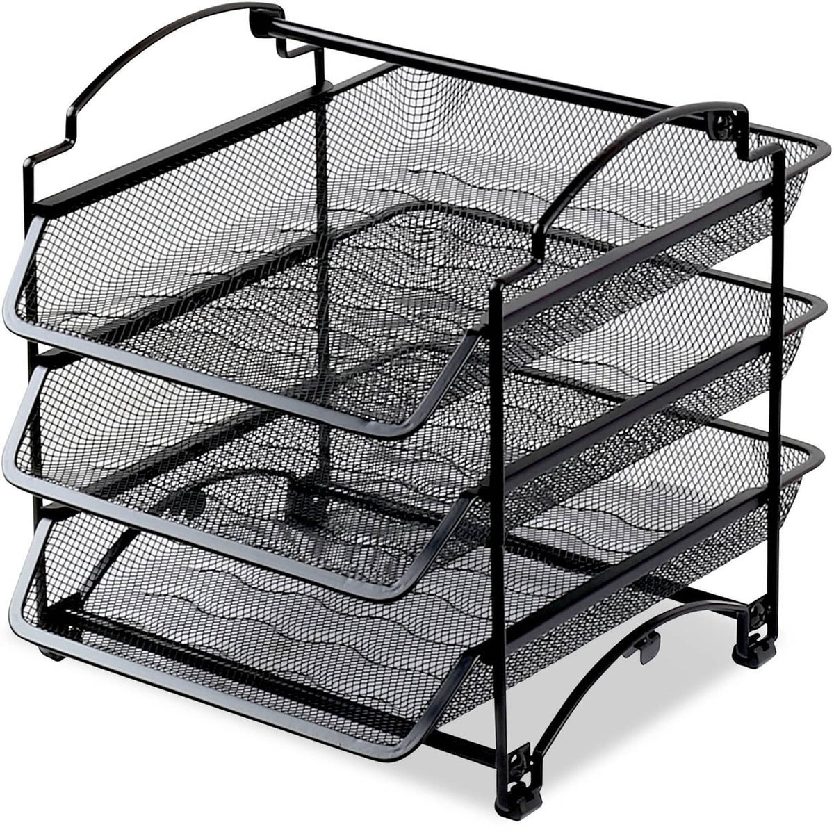 Black metal mesh 3-tier document organizer with curved side rails and open trays