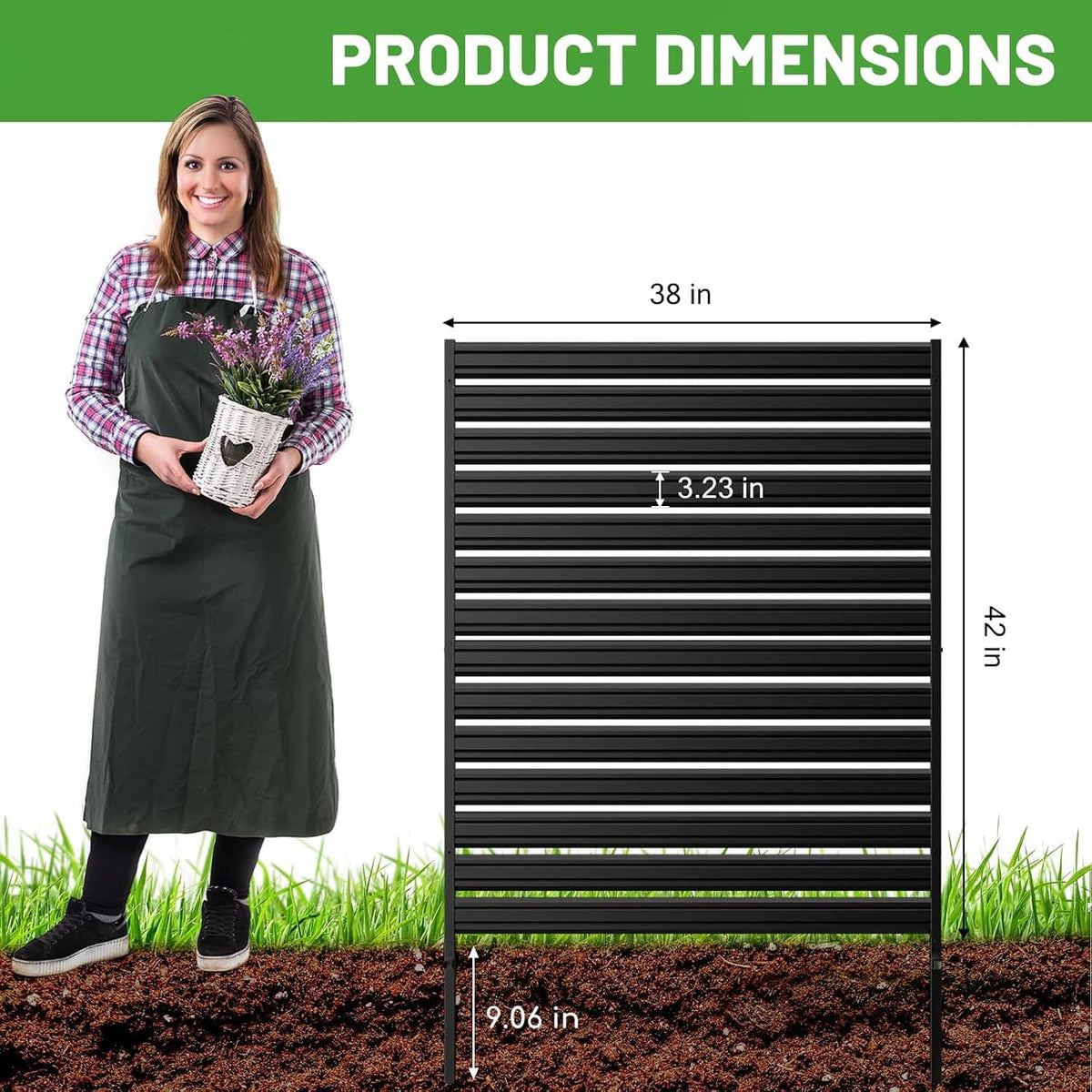 Three-panel black metal privacy fence screen with horizontal slats, 38 in wide.