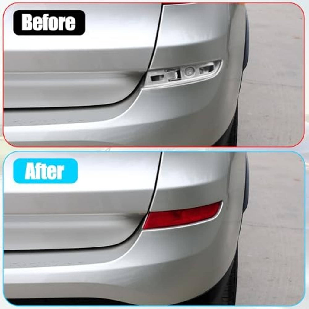 Rear bumper corner with red reflector lens, before-and-after installation detail.