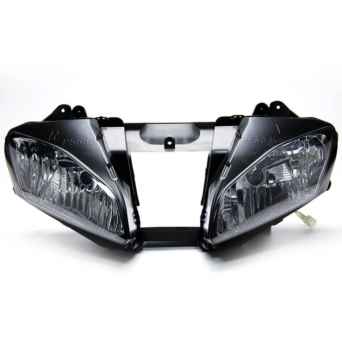 Motorcycle headlamp assembly with twin clear lenses and visible mounting holes