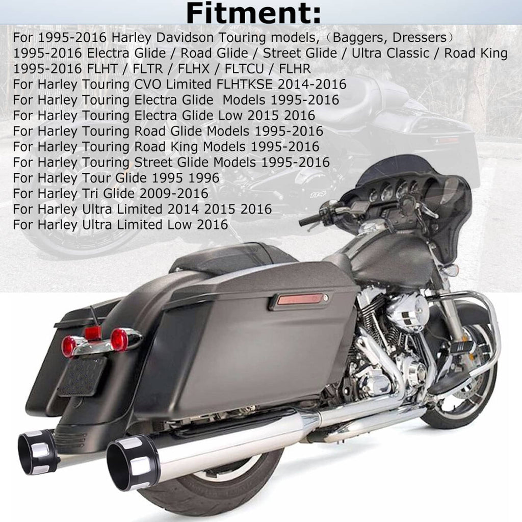Chrome slip-on megaphone exhaust mufflers with black end caps on touring motorcycle