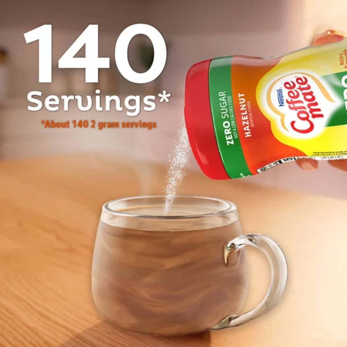 Coffee-mate Zero Sugar Hazelnut creamer bottle pouring into glass mug