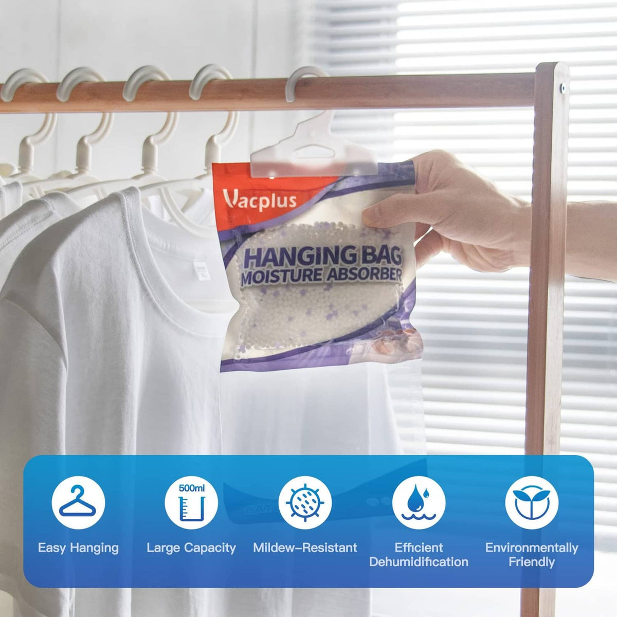 Hanging closet dehumidifier bag on a rod with lavender-and-white package